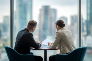 deux-professionnels-table-ville-floue